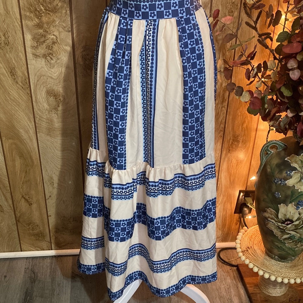 Chic Blue and Cream Maxi Skirt